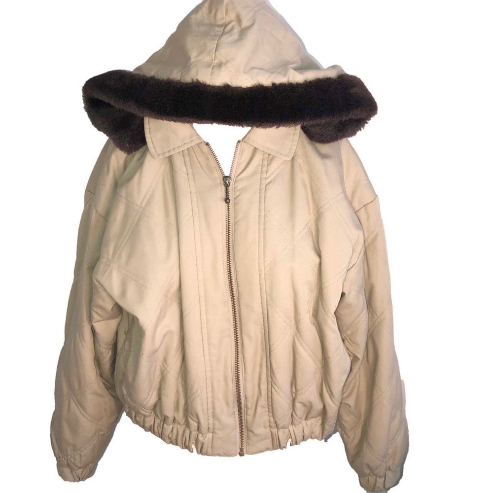Women's Tan Hooded Jacket with Brown Faux Fur Trim